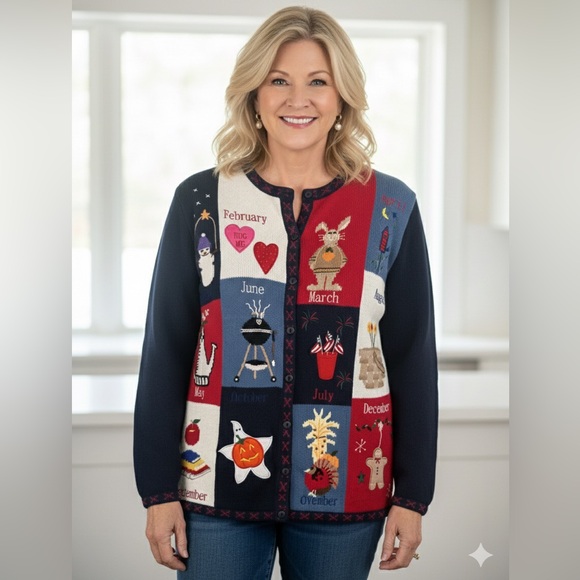 Quacker Factory Sweaters - Vintage Quacker Factory Cardigan Sweater Year of Cheer Embroidered 90s Sweater